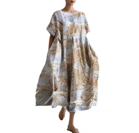 Robe ample à col ras du cou et manches courtes pour femme, haut de gamme, imprimée, m301052