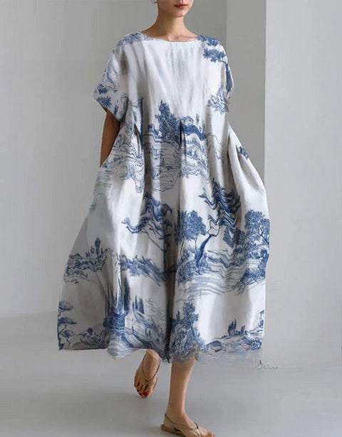 Robe ample à col ras du cou et manches courtes pour femme, haut de gamme, imprimée, m301052