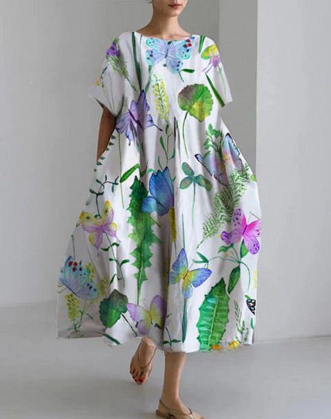 Robe ample à col ras du cou et manches courtes pour femme, haut de gamme, imprimée, m301052