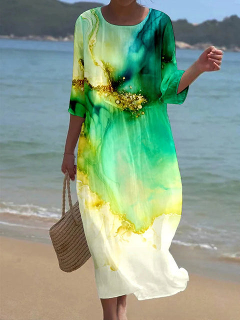 Robe ample à col ras du cou et manches longues imprimée m301072