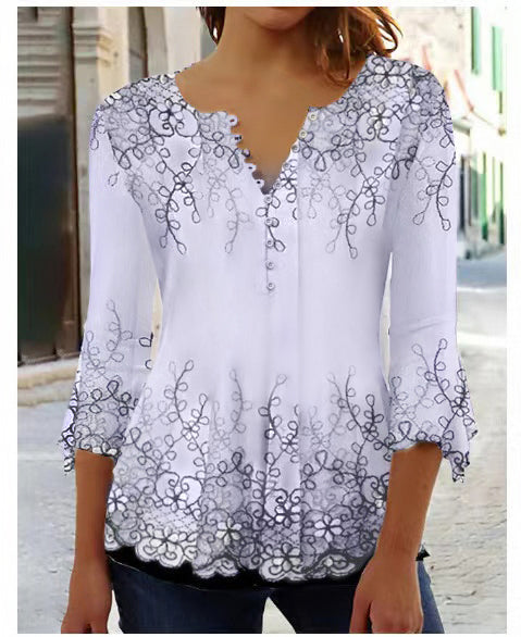 T-shirt à imprimé floral Ruili Fashion, col en V, manches trois-quarts m300035