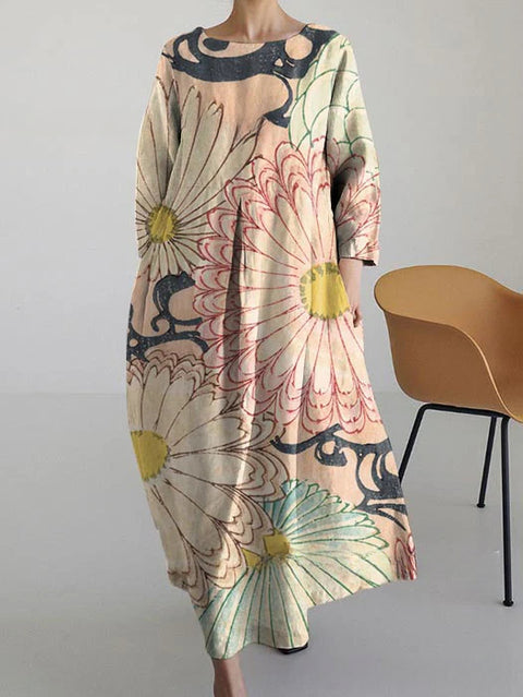 Robe ample à col ras du cou et manches longues imprimée m301072