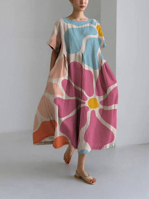 Robe ample à col ras du cou et manches courtes pour femme, haut de gamme, imprimée, m301052