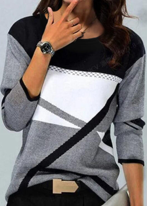 Color Block Round Neckline Long Sleeve Blouses m161511661 (5828973)